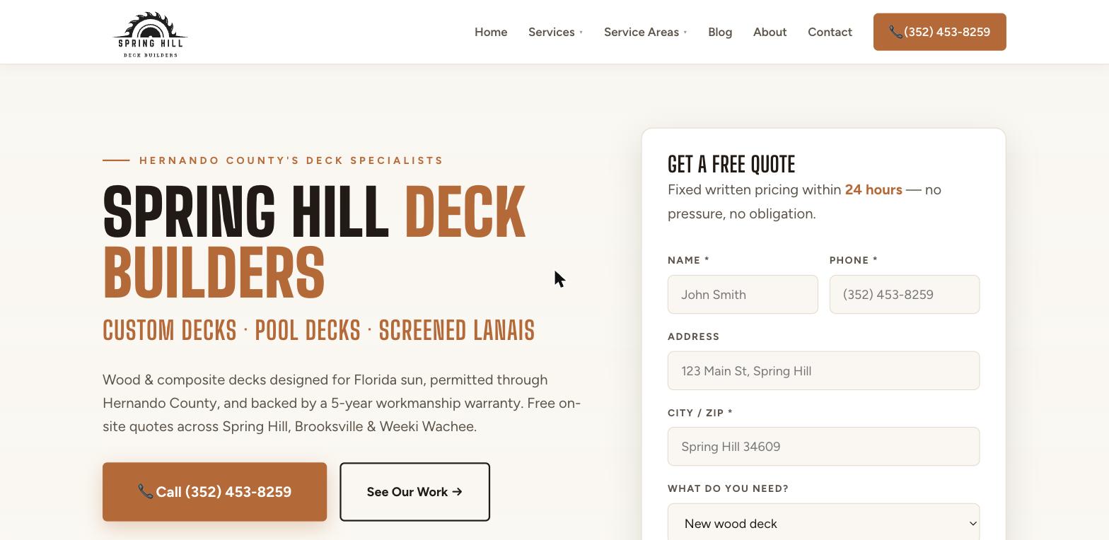 Spring Hill Deck Builders website screenshot