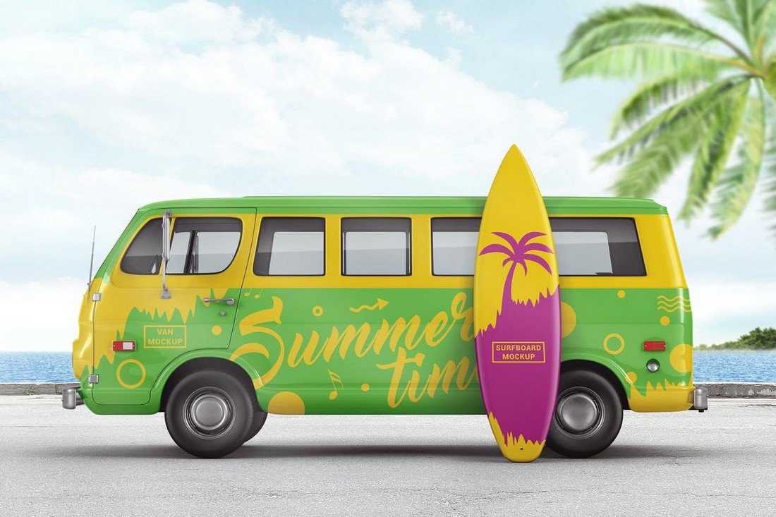 Van With Surfboard Branding Mockup