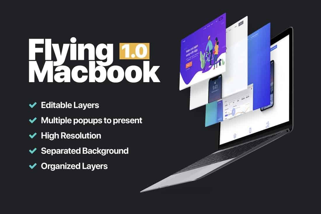 Flying MacBook Editable Mockup