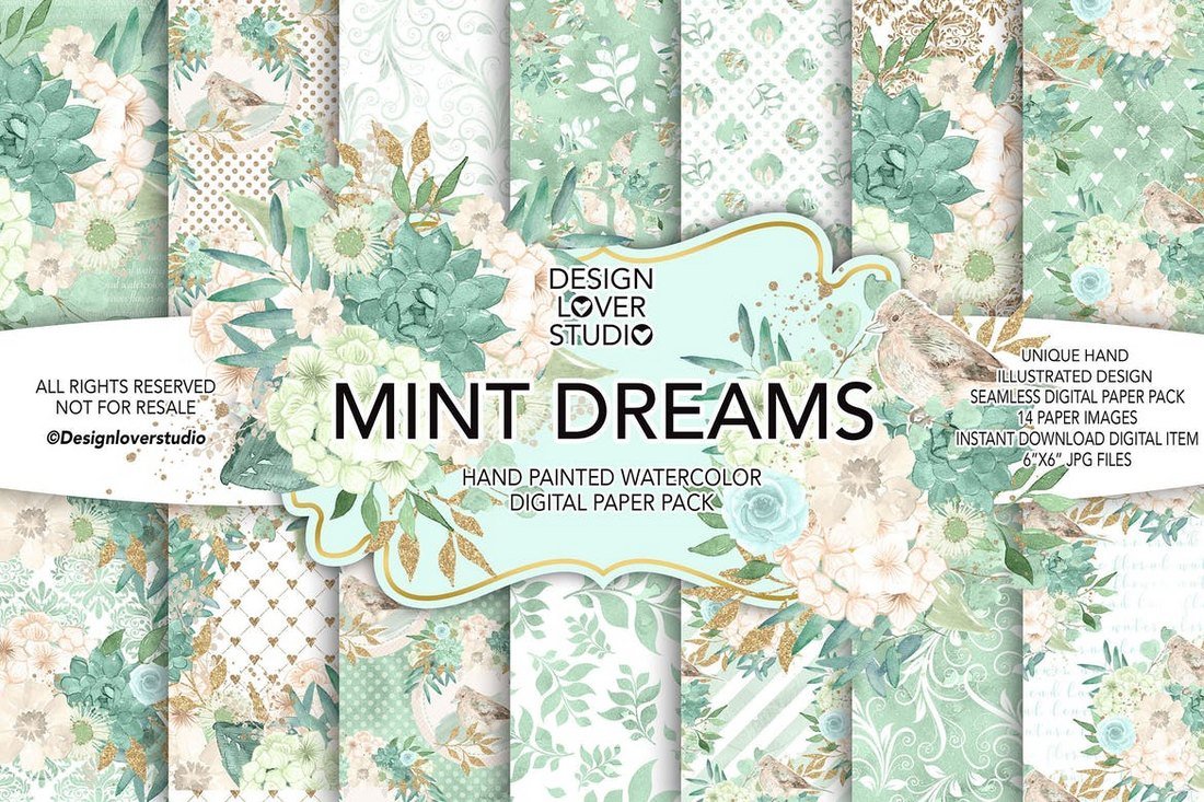 MINT DREAM - Watercolor Digital Paper Backgrounds