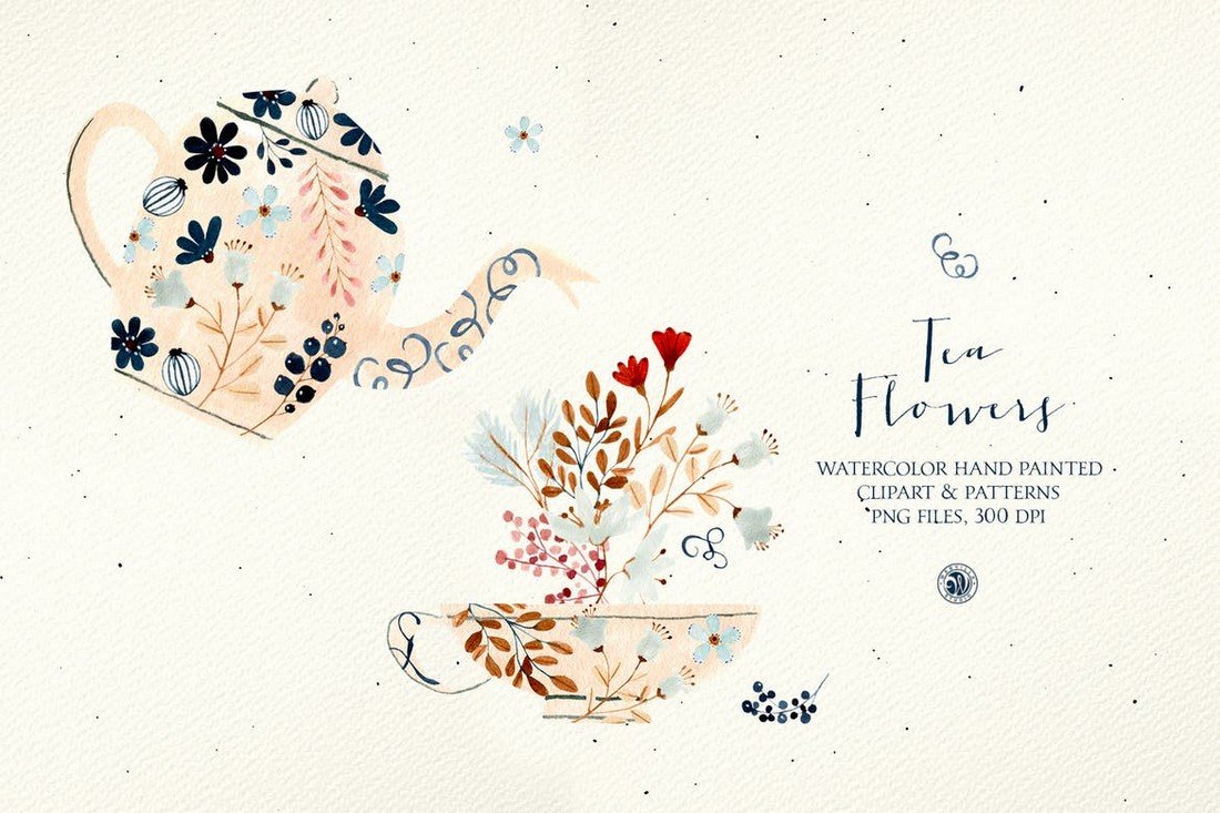 Tea Flowers - Watercolor Floral Patterns & Clipart
