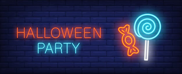 Halloween party neon style banner with treat on brick background
