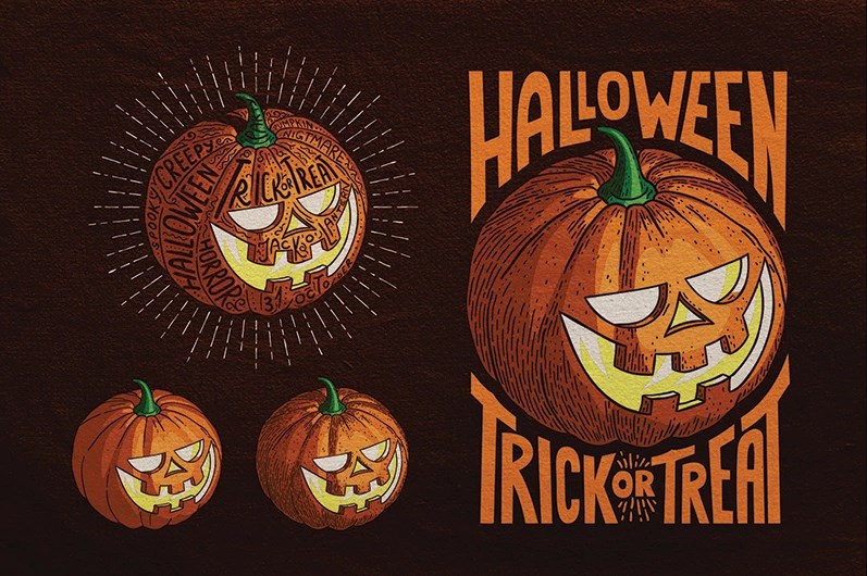 Halloween Pumpkin Engraving Style Illustration