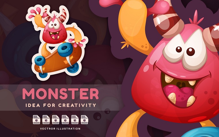 Monster Riding a Skateboard - Cute Sticker, Graphics Illustration.