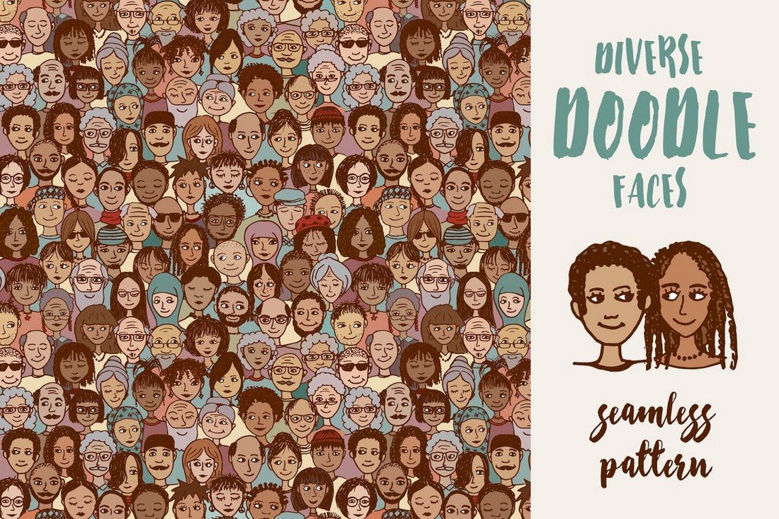 Diverse Doodle Faces - Seamless Pattern
