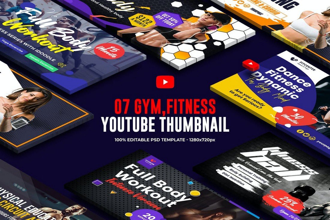 7 Gym & Fitness YouTube Thumbnail Templates